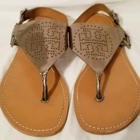 Tory Burch Shoes - Tory Burch Pewter Perforated Metallic Sandals Sz 8